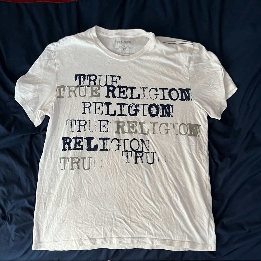 white true religion tee shirt, used, large